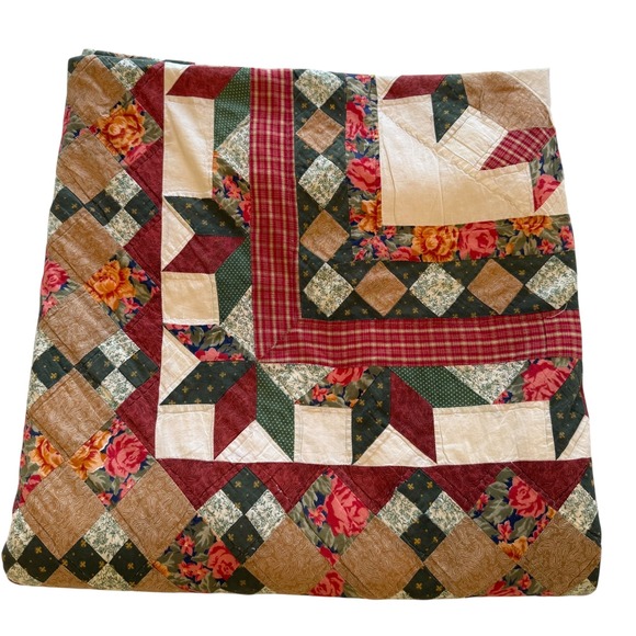 Handmade Patchwork Star Quilt Floral Plaid Country Farmhouse Green Red Tan 79x85 - Picture 3 of 8